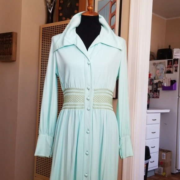 VTG Lillie Rubin Mint Green 70s Boho Maxi Dress - Picture 2 of 8